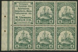 DEUTSCH-OSTAFRIKA H-Bl. 8B **, 1912, Heftchenblatt M. Liemann + 4 Pf., Ränder Nicht Durchgezähnt, Postfrisch, - German East Africa