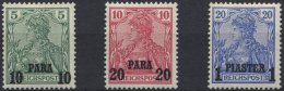 DP TÜRKEI 12-14II *, 1902, 10 PA. Auf 5 Pf. - 1 PIA. Auf 20 Pf., Aufdruck Type II, Falzreste, 3 Prachtwerte, Mi. 61 - Turchia (uffici)