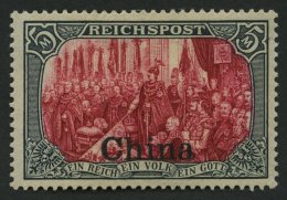DP CHINA 27III *, 1901, 5 M. Reichspost, Type I, Nachmalung Mit Rot Und Deckweiß, Falzreste, Matter Gummi Sonst Pr - Cina (uffici)