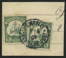DP CHINA P VIb BRIEF, Petschili: 1901, 5 Pf. Kiautschou, 2x Auf Postkartenabschnitt, Stempel PEKING, Pracht - China (kantoren)