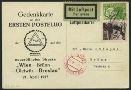ERST-UND ERÖFFNUNGSFLÜGE 27.17.07 BRIEF, 21.4.1927, Wien-Brünn, Prachtkarte - Zeppelins