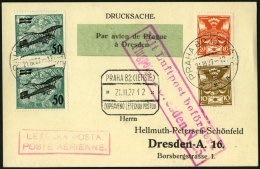 ERST-UND ERÖFFNUNGSFLÜGE 27.1.10 BRIEF, 21.3.1927, Prag-Dresden, Drucksachenkarte, Pracht - Zeppelines
