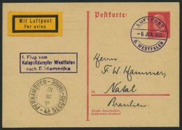 KATAPULTPOST P 196 BRIEF, 6.6.1933, 1. Flug Vom Katapultdampfer Westfalen Nach Südamerika, 15 Pf. Hindenburg-Ganzsa - Luchtpost & Zeppelin