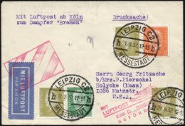 KATAPULTPOST 21.8.1932, Mit Luftpost Zum Dampfer Bremen Befördert, Luftpostdrucksache Von Leipzig In Die USA, Prach - Covers & Documents