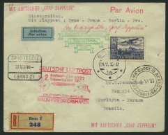 ZULEITUNGSPOST 214B BRIEF, Tschecholowakei: 1933, 2. Südamerikafahrt, Anschlußflug Ab Berlin, Einschreibbrief - Airmail & Zeppelin