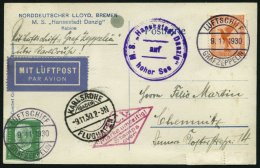 ZEPPELINPOST 97Ab BRIEF, 1930, Landungsfahrt Nach Karlsruhe, Bordpost, Nebenstempel MS Danzig Auf Hoher See, Prachtkarte - Zeppelins