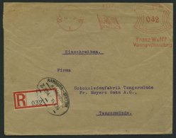 BAHNPOST Hamburg-Stettin (Zug 334) Auf Einschreibbrief Mit Maschinenstempel Von 1934, Mit Nach Geklebtem R-Zettel 032, F - Frankeermachines (EMA)