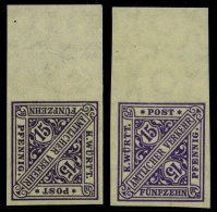 WÜRTTEMBERG 252PU **, 1917, 15 Pf. Violettschwarz (2 Verschiedene Farben!), Ungezähnt, Mit Oberrand, 2 Prachtw - Other & Unclassified