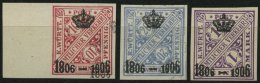 WÜRTTEMBERG 220/1,226PU2 (*), 1906, 10, 20 Pf. Und 1 M. 100 Jahre Königreich Auf Kanzleipapier, Ungezähnt - Other & Unclassified