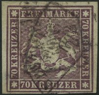 WÜRTTEMBERG 42a O, 1873, 70 Kr. Braunlila, Unten Schmal Sonst Vollrandig, Zwei Helle Stellen Sonst Pracht, Gepr. Pf - Altri & Non Classificati