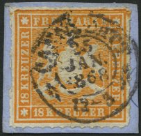 WÜRTTEMBERG 34 BrfStk, 1867, 18 Kr. Orangegelb, K1 CANNSTATT, Prachtbriefstück, Gepr. U.a. Drahn, Mi. (1000.-) - Autres & Non Classés