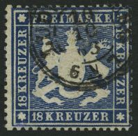 WÜRTTEMBERG 20y O, 1862, 18 Kr. Blau, Repariert Wie Pracht, Gepr. Pfenninger, Mi. (2800.-) - Other & Unclassified