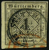 WÜRTTEMBERG 1yb O, 1851, 1 Kr. Schwarz Auf Mittelgraugelbem Seidenpapier, K3 SUTTGART Und Roter PAID-Stempel, Feins - Autres & Non Classés