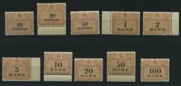 SACHSEN **, 1910, 10 Pf. - 100 Mk. Stempelmarken, Wz. Treppen, 10 Werte Postfrisch, Pracht - Saxony