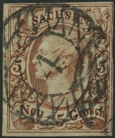 SACHSEN 12e O, 1857, 5 Ngr. Rostbraun, Nummernstempel 4, Rechts Minimal Berührt Sonst Pracht, Gepr. Rismondo, Mi. 2 - Saxony