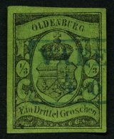 OLDENBURG 5 O, 1859, 1/3 Gr. Schwarz Auf Grünlicholiv, Blauer R2 VAREL, Repariert Wie Pracht, Gepr. U.a. Krause, La - Oldenbourg