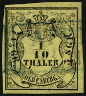 OLDENBURG 4a O, 1852, 1/10 Th. Schwarz Auf Hellgelb, Blauer R2 APEN, Pracht, Gepr. Pfenninger, Mi. 120.- - Oldenbourg