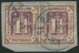 HAMBURG 20a Paar BrfStk, 1866, 11/4 S. Dunkelbraunviolett Im Waagerechten Paar, Blauer K1, Prachtbriefstück - Hambourg