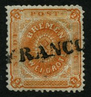 BREMEN 10b O, 1866, 2 Gr. Rötlichorange Mit L1 FRANCO, Links Ein Fehlender Zahn Sonst üblich Gezähntes Fa - Bremen