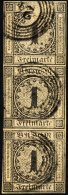 BADEN 1b O, 1851, 1 Kr. Schwarz Auf Braun, Nummernstempel 24, Im Senkrechten Fast Allseits Vollrandigen Dreierstreifen, - Autres & Non Classés