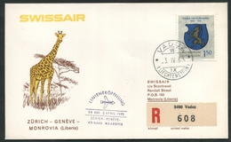 1965 Liechtenstein, Primo Volo First Fly Erstflug Swissair Zurigo - Ginevra - Monrovia, Timbro Di Arrivo - Briefe U. Dokumente