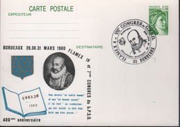 CP Entier 1,10 Sabine Vert Repiquée Flamex IV Bordeaux Oblitération Temporaire 33 Bordeaux 29-30 Et 31 Mars 1980 - Cartes Postales Repiquages (avant 1995)