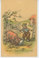 ENFANTS - PIG - Jolie Carte Fantaisie Petit Garçon Et Cochon " Mais Tu Bouffes Comme Un Cochon " Signée Germaine BOURET - Bouret, Germaine