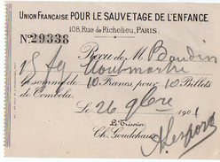 VP6001 - Reçu - Billet De Tombola De L'Union Française Pour Le Sauvetage De L'Enfance à PARIS - Loterijbiljetten