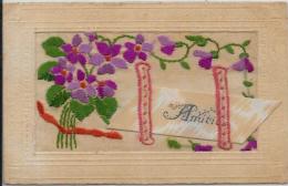 CPA Brodée Soie écrite Violette + Petit Carton Glissé - Embroidered