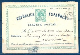 1875 , PONTEVEDRA , ENTERO POSTAL E.P. 6 CIRCULADO ENTRE PUENTEAREAS Y MADRID , FECHADOR , LLEGADA - 1850-1931