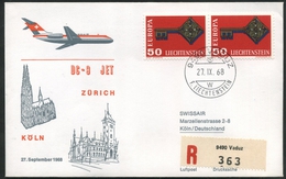 1968 Liechtenstein, Primo Volo First Fly Erste Flug Swissair Lufthansa Zurigo - Colonia, Timbro Di Arrivo - Storia Postale