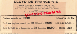 75 - PARIS - BUVARD LLOYD DE FRANCE VIE- ASSURANCES 1930- 19-21 RUE DU GENERAL FOY - Banca & Assicurazione