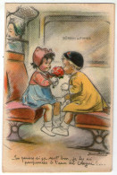 CPA ILLUSTRATEUR GERMAINE BOURET DANS LE TRAIN    PETITE FILLE AVEC BOUQUET DE FLEURS - Bouret, Germaine