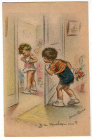 CPA ILLUSTRATEUR GERMAINE BOURET     DANS LA CHAMBRE PETITE FILLE QUI SE BOUTONNE  Y A QUELQU UN ? - Bouret, Germaine