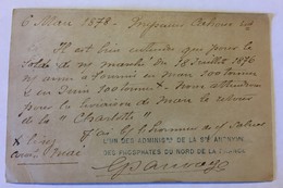 CARTE PRÉCURSEUR Avec Tampon "L'un Des Administrateurs De La Société Anonyme Des Phosphates Du Nord De La France" 1877 - Voorloper Kaarten