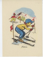 ENFANTS - Grand Dessin Format 17,7X12,7 Cm Petit Garçon Sur Skis " Slalom " Signé GERMAINE BOURET - Bouret, Germaine