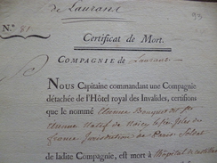 Militaria Certificat De Mort Castellane 30/12/1768 Cie De Laurans - Documentos