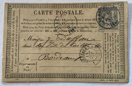 CARTE PRÉCURSEUR De LA ROCHELLE Pour BORDEAUX Affranchissement Type Sage Octobre 1877 - Cartoline Precursori