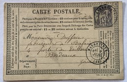 CARTE PRÉCURSEUR De BARBEZIEUX Pour FABRICANT DE BALAIS A BORDEAUX Affranchissement Type Sage Juillet 1877 - Vorläufer