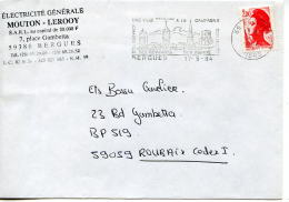 Flamme Abbaye,rampart,beffroi 59 Bergues,Nord,Elec Générale Mouton-Lerooy,Liberté Gandon 2.00 Seul Sur Lettre 17.5.1984 - Abbayes & Monastères