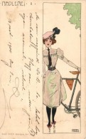 T1/T2 Radlerei I. B&S Wien Serie No. 1044. / Lady With Bicycle, Art Nouveau Postcard S: Raphael Kirchner - Sin Clasificación