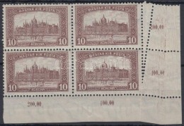 ** 1921 Parlament 10K Elfogazott ívsarki Négyestömb / Mi 357 Corner Block Of 4 With Perforation... - Otros & Sin Clasificación