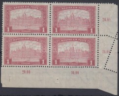 ** 1916 Arató-Parlament 1K ívsarki Bélyeg Elfogazva / Mi 203 Corner Block Of 4 With... - Otros & Sin Clasificación