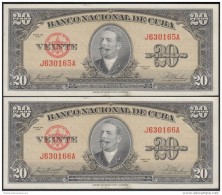 1958-BK-152  CUBA 1958. BANCO NACIONAL. 20$. ANTONIO MACEO. UNC. 2 CONSECUTIVOS. - Cuba