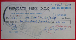 X1- Check, Cheque -Barclays Bank D.C.O. London -New Industrial Area, Kafue, Zambia,United Kingdom,Africa - Cheques & Traveler's Cheques