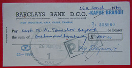 X1- Check, Cheque -Barclays Bank D.C.O. London -New Industrial Area, Kafue, Zambia 1970. United Kingdom, Africa - Chèques & Chèques De Voyage