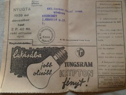D142042 Hungary Radio Tax Receipt  2 P 40 F  - Advert. TUNGSRAM Light Bulb Krypton 1939 Kecskemét KASSA - Non Classés