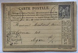 CARTE PRÉCURSEUR Pour AGEN Affranchissement Type Sage Octobre 1877 - Precursor Cards