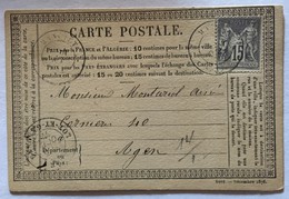 CARTE PRÉCURSEUR Pour AGEN Affranchissement Type Sage Octobre 1877 - Vorläufer