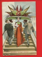 ARTHUR THIELE Illustrateur Jolie Carte Jeune Femme Grand Chapeau Descendant L'escalier Avec Un Chiot Passage Obstrué - Thiele, Arthur